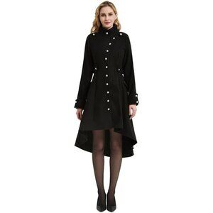 Women Black Trench Coat Goth Lapel Peacoat Wool Winter Thick Hood Pea Jacket